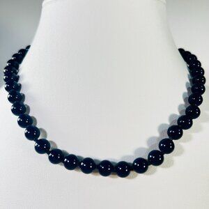 Vintage Trifari Beaded Choker Necklace 15.5" Navy Blue Lucite 8mm Knotted Signed